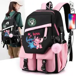 Fashion Lilo And Stitch School Usb Port Backpack Teenager Girl  Kawaii BookBag Student School Bag Rucksack Casual Travel Mochila