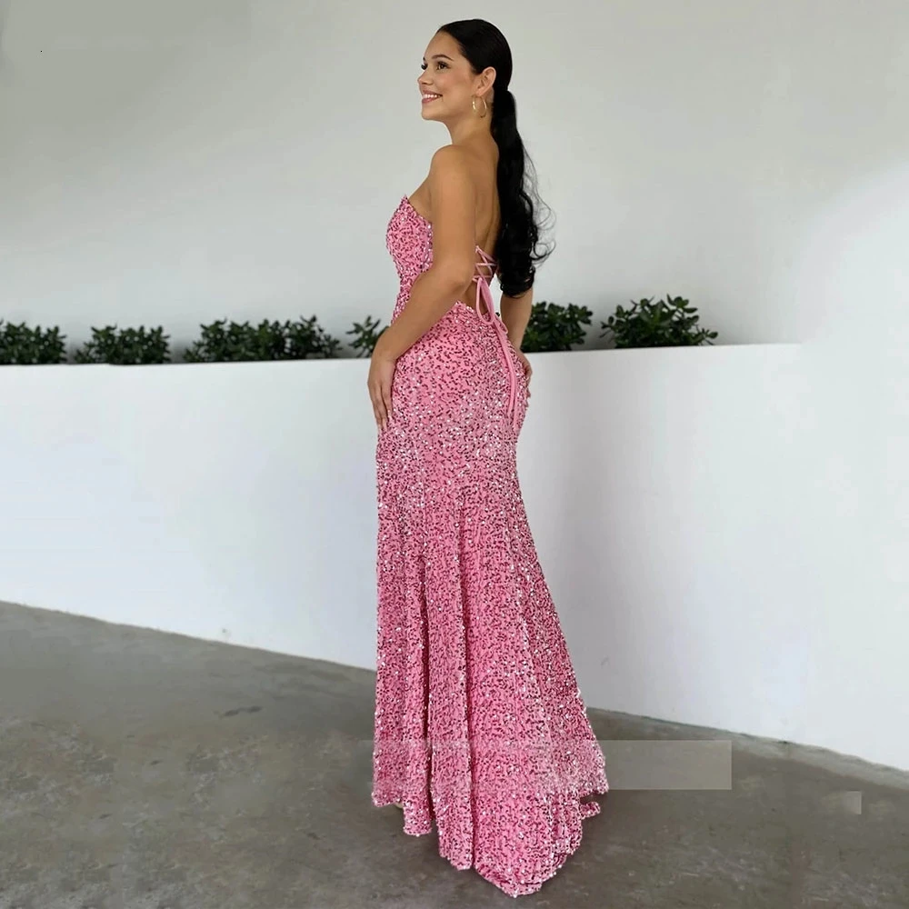 Customized Pink Strapless Mermaid Evening Gowns Formal Sparkling Sequin Velvet Sexy Party Prom Dresses Robe De Soiree Femme