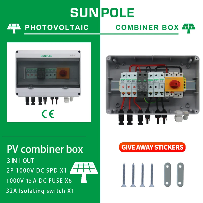 

3 input 1 out DC 1000V Solar photovoltaic PV Combiner Box With Lightning Protection Fuse Isolator Switch SPD Waterproof Box IP65