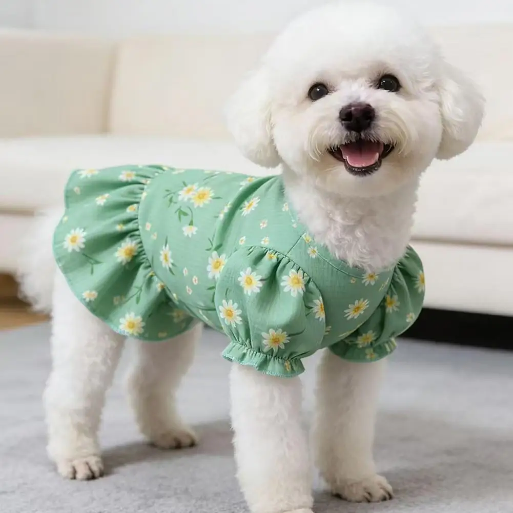 Pet Dress Dog Dress Summer Green Dog Princess Dress Floral Pet Outfit Puff Sleeve Summer Puppy Clothes for Small Dogs Cute