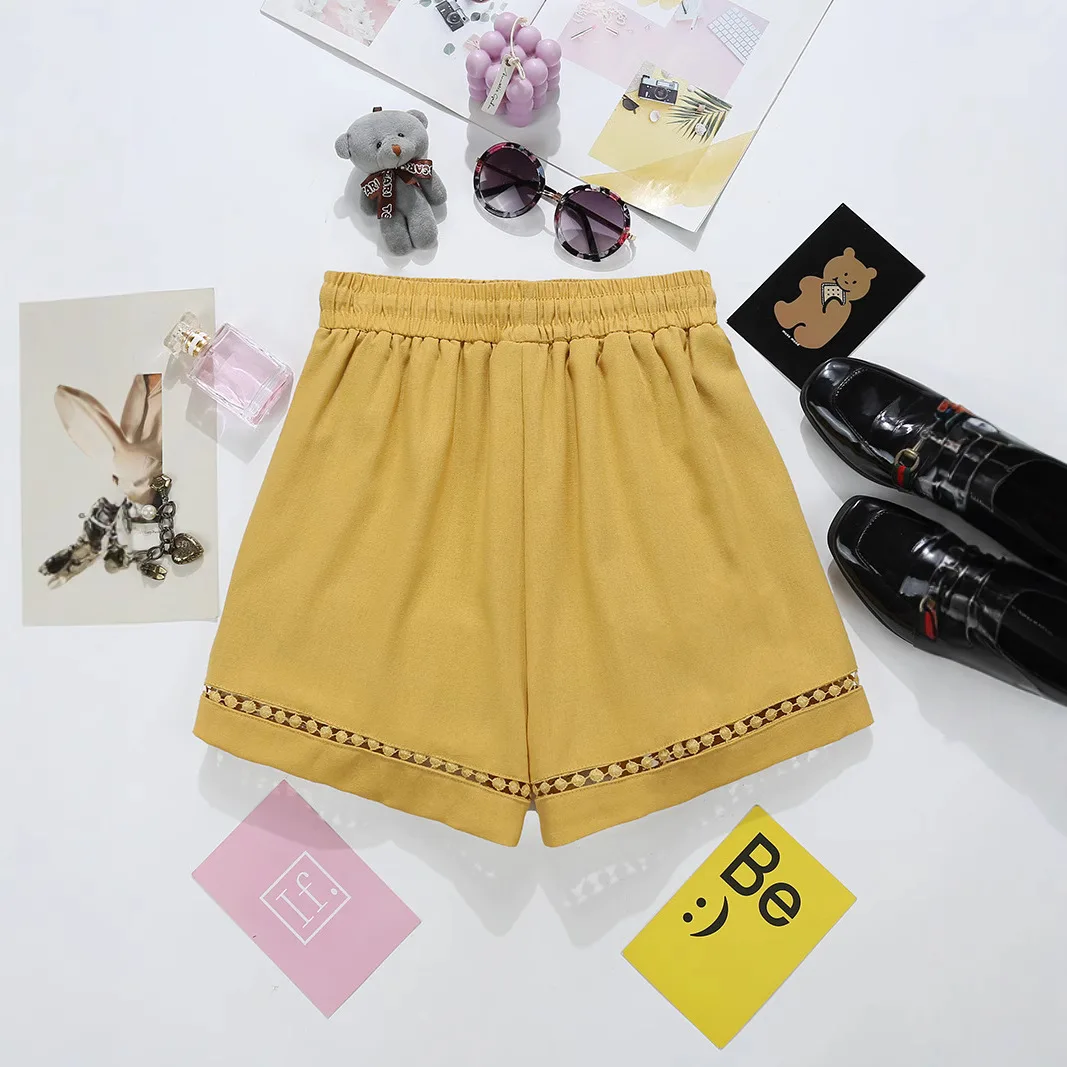 ฤดูร้อนใหม่ Hollow Lace กางเกงขาสั้นผู้หญิงเสื้อผ้าเอวยางยืดหลวมกางเกงขากว้างกางเกงขาสั้นผู้หญิง