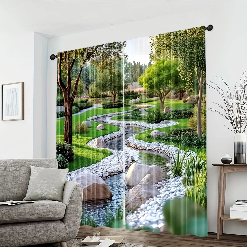 Pastoral Green Grassland Floral Rod Pocket Window Curtains Set - Soft All-Season Room Decor for Bedroom Living Room 2 Panels