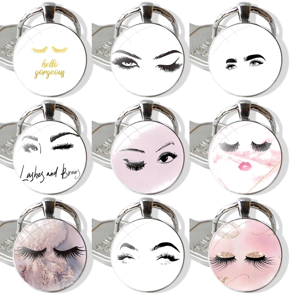 Keychain Handmade Glass Cabochon Key Ring Holder Pendant Key Chains Creative cute eyelashes