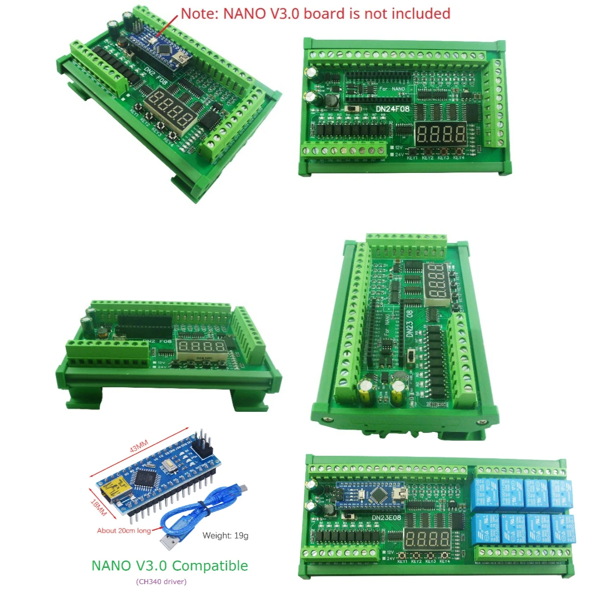 DN24F08 DC 12V 24V 8DI-8AI 4-20MA 0-5V 0-10V Analog Collection RS485 Simple PLC IO Expanding Board for ARDUINO NANO Modbus RTU