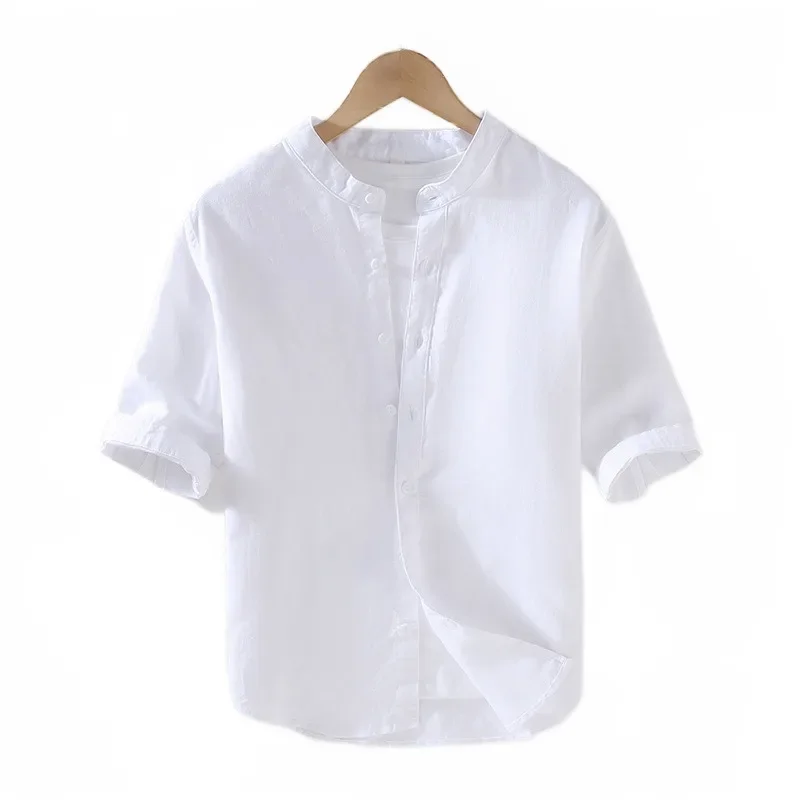 

Chinoiserie linen shirt men's short sleeve loose summer casual thin five sleeve shirt middle sleeve white cotton linen shirt