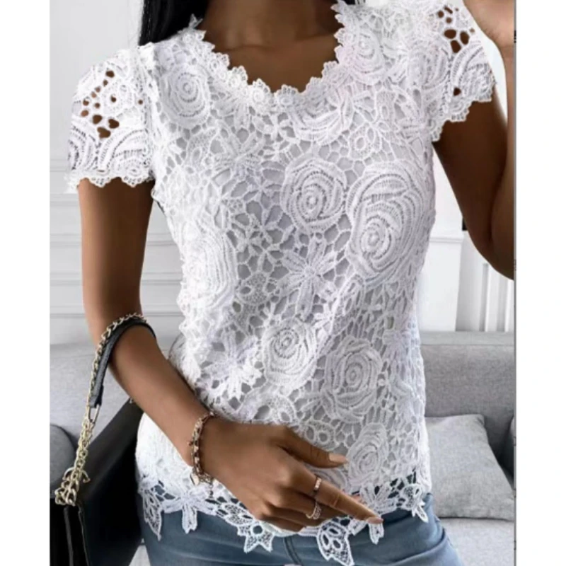 Elegant Women\'s Lace Shirt Short Sleeve Top 2023 Summer New Solid Round Neck Slim Fit  Blouse Office Lady S-5XL