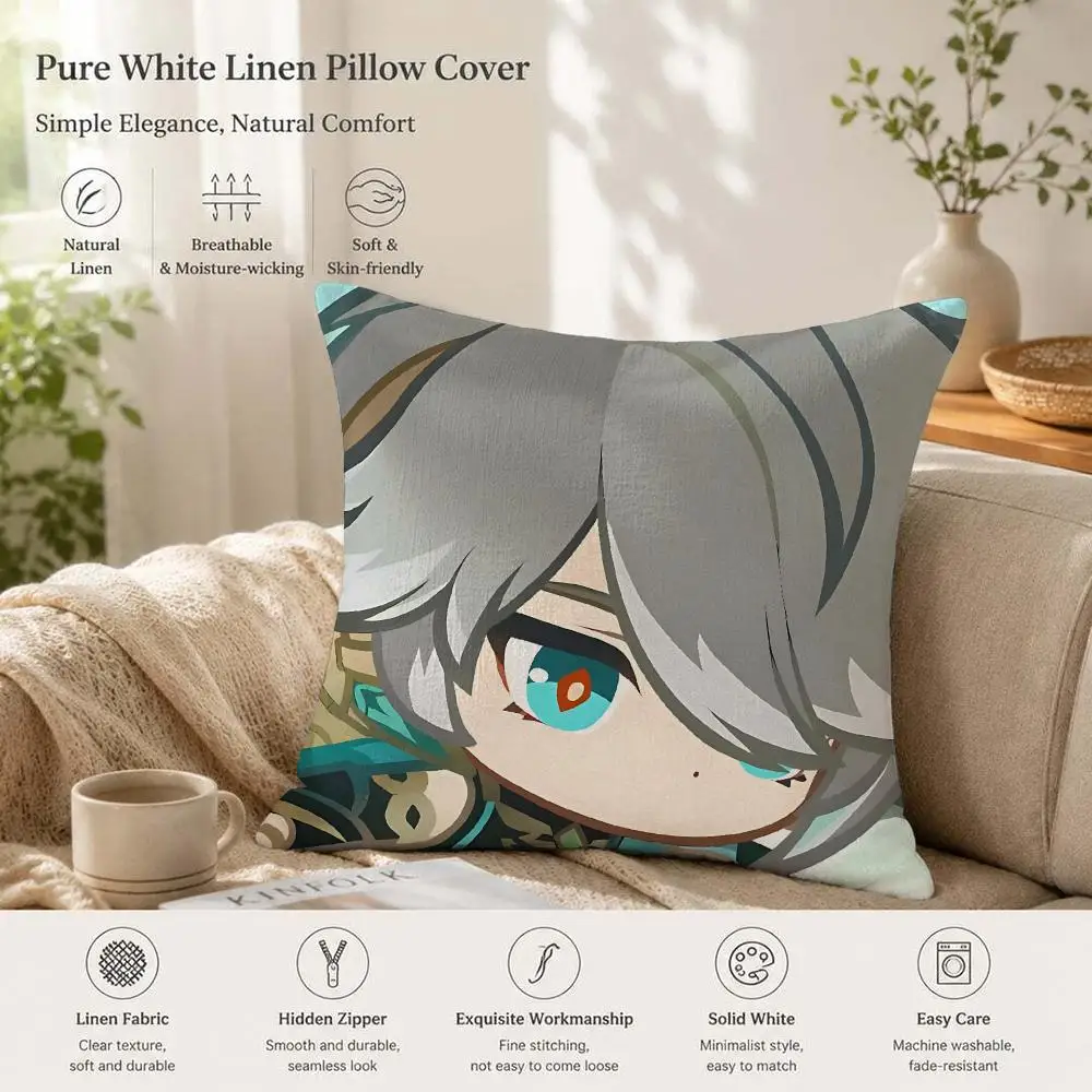 Alhaitham Cute Genshin Impact Cushion Cover 1/4PCS Linen Sofa Couch Bedroom Living Room Home Office Decor Pillow Case