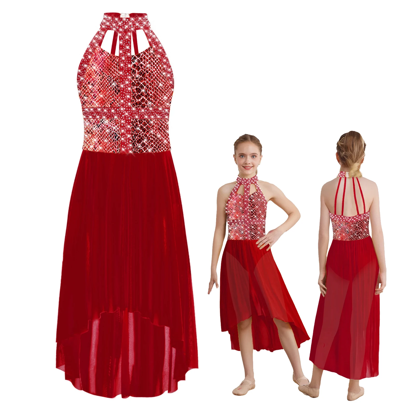 

Kids Girl Contemporary Lyrical Dance Dresses Snakeskin Print High-Low Mesh Hem Dress Ballet Ballroom Stage Performance Dancewear