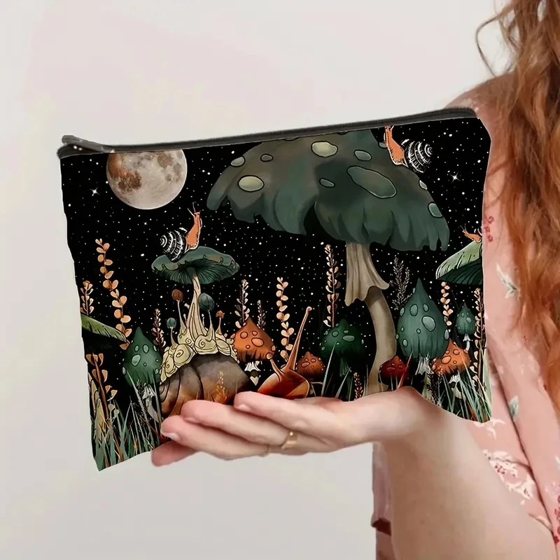 Mushroom Pattern Cosmetic Bag Portable Zipper Makeup Bag Multifunctional Storage Pouch Trendy Toiletry Wash Bag Makeup Bag