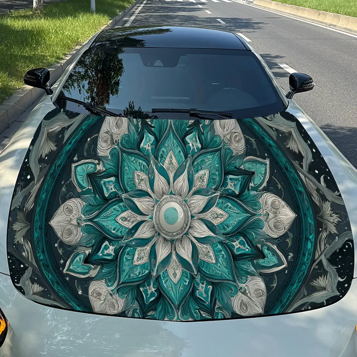 Peacock Feather Color Scheme with Mandala Elements Car Hood Vinyl Stickers Car Surface Protection Decal Car Decoration Cover Vin