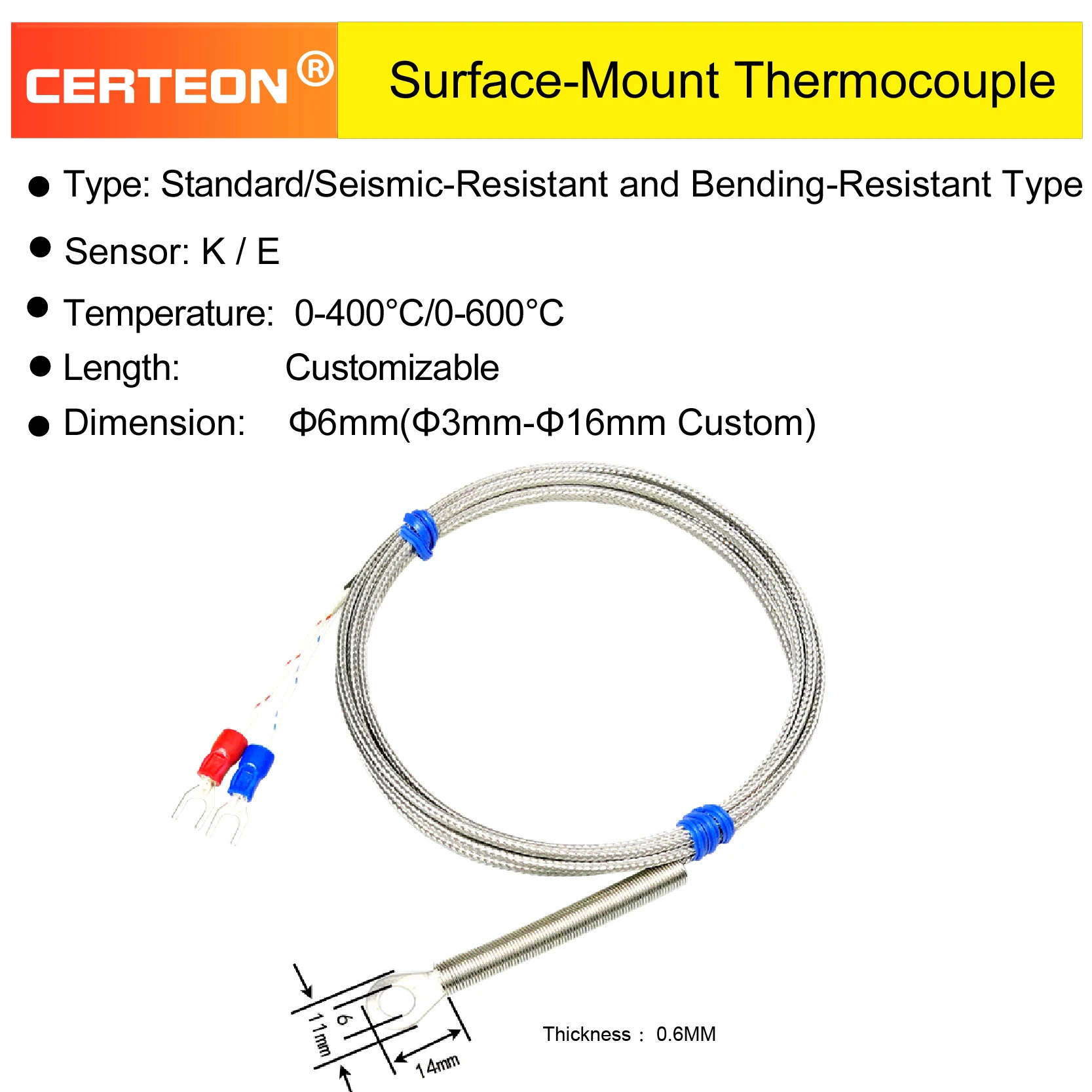 K-Type Surface Mount Thermocouple Sensor Adhesive High Temperature Patch Thermocouple Flexible Temperature Probe for Industrial