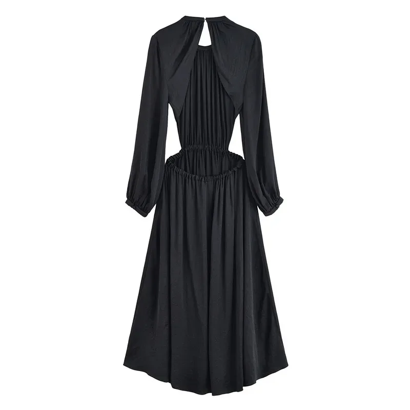 Vestido negro con espalda descubierta para mujer, vestido Retro hueco para discoteca, diseño plisado elegante de manga larga para fiesta 2025