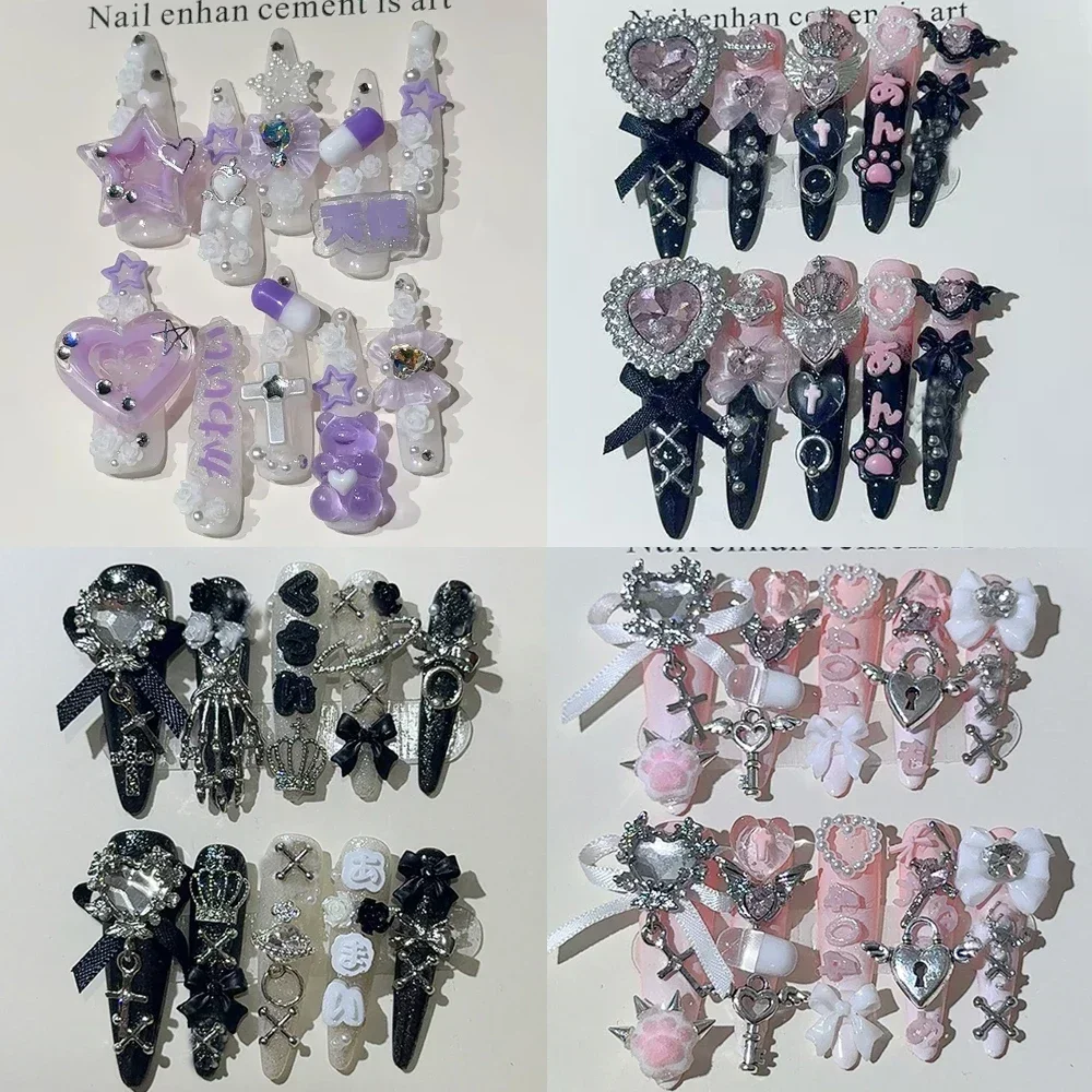 Sweet Cool Cartoon Long Coffin Stiletto Handmade False Nails Cute Dog Rabbit Bear Flower Diamond Bow False Nail