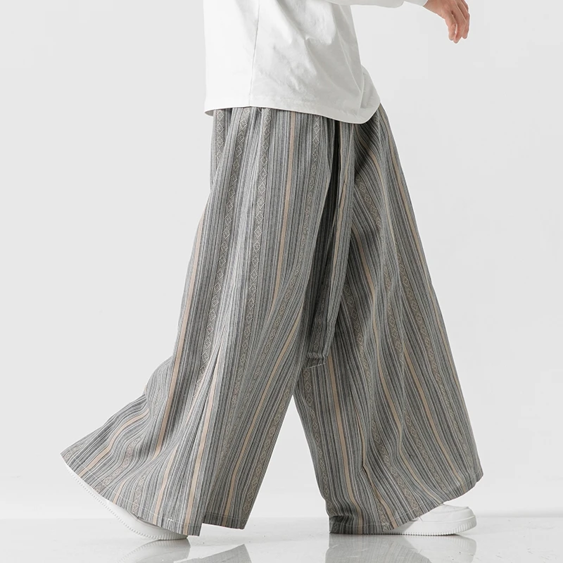 2025 Spring and Autumn Man Pants Japanese Striped Wide Leg Pants Retro Ethnic Style Cotton and Linen Straight Culottes