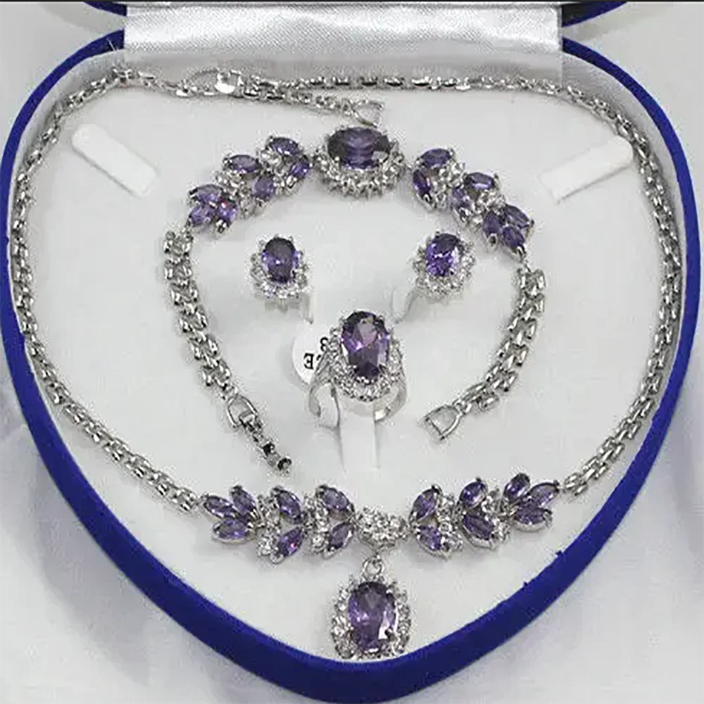 

new - red blue zircon beaded flower necklace bracelet earring ring set