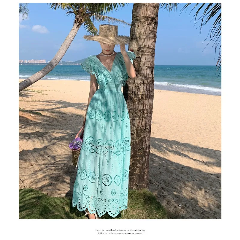 Tiro real de estilo fada personalizado recorte bordado babados mangas voadoras profundo decote em v cintura vestido saia longa