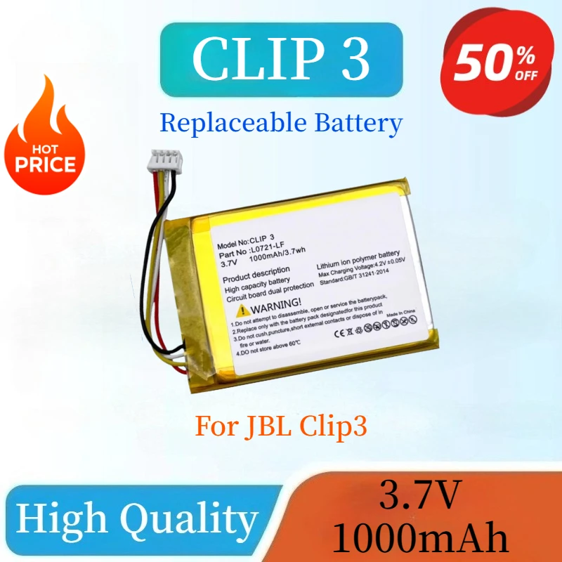

High Quality Brand New 3.7V 1000mAh 3.7Wh Rechargeable Battery For JBL Clip 3 Speaker Replacement Battery