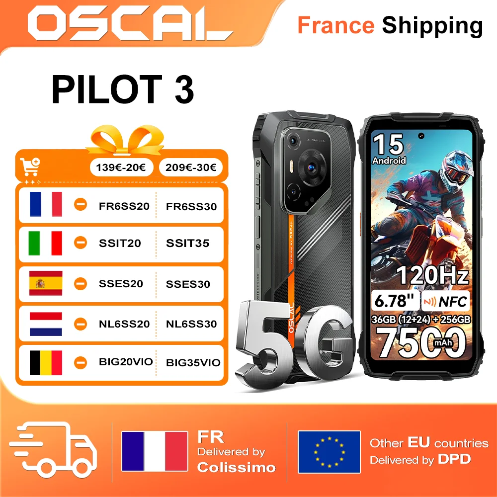 Smartphone robuste OSCAL PILOT 3 [sans chargeur UE] 36 Go (12 + 24) + 256 Go Android 15 6,78" 7500 mAh 50 MP + 32 MP + 20 MP 120 Hz 33 W NFC