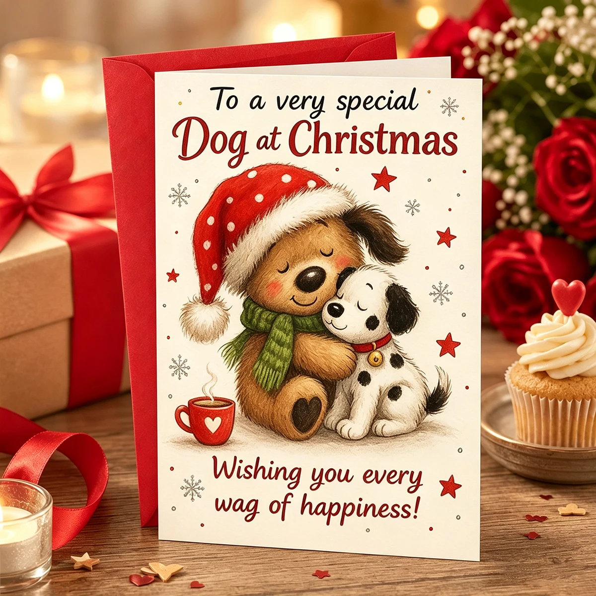 1 Greeting Card, 1 Envelope, Two Hugging Puppies Wearing Christmas Hats. Cute Pet-Themed Christmas Card, Snowflake Embellishment Design, Sweet Neutral Holiday Card for Animal Lovers, Christmas Gift, Gift for Pet Owners