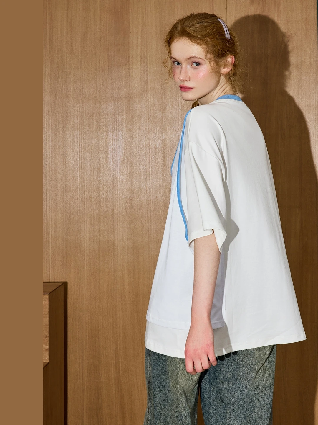 Coolhut Loose Fit Color Block Retro T-Shirt Women's Casual Style Standard Edition Cotton Blend Five Sleeve round Neck T-Shirt