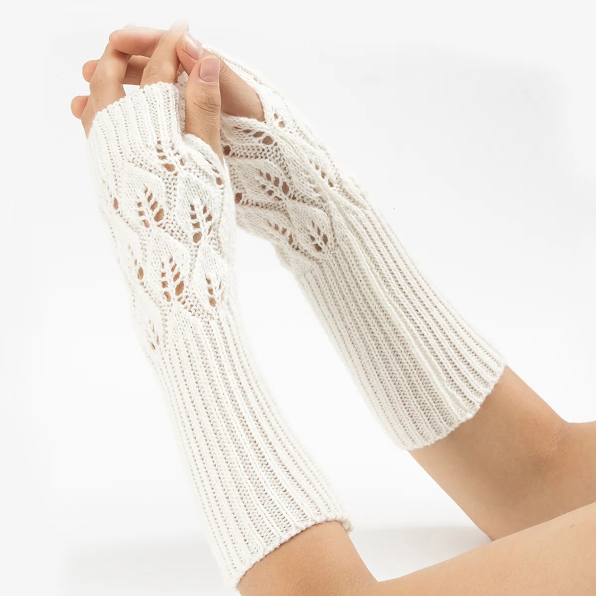 OVTRB Winter Autumn Arm Sleeve Warmer Girl Crochet Leaves Knit Mitten Womens Thumb Hole Fingerless Glove Wrist Warmer