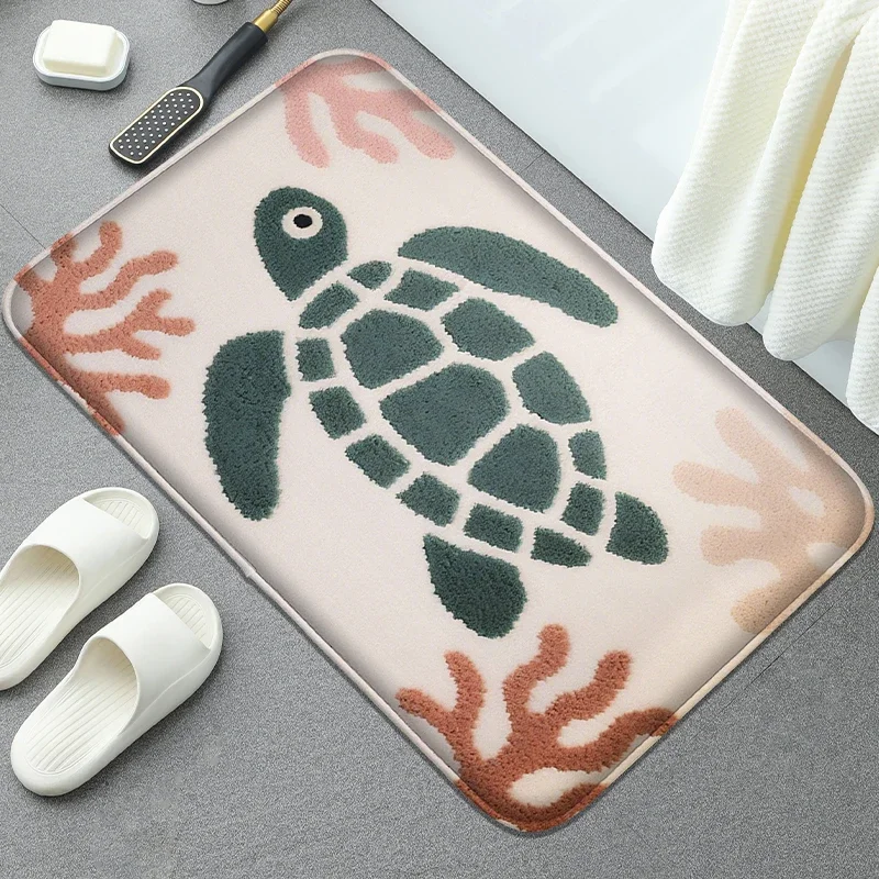 Turtle patterned bathroom floor mat, absorbent foot mat, shower room small carpet door mat machine washable soft and comfortable