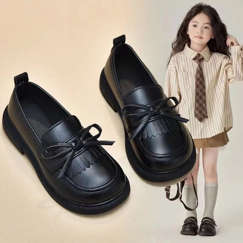 New Arrival Kids\' Casual Shoes Girls\' Black Leather Loafers Low Cut Soft Bottom British Style Children\'s Bean Spring Autumn