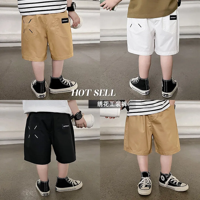 

Children's Pants 2024 Children's Summer New Korean Edition Baby Casual Shorts Solid Color Label Embroidered Boys' Workwear Pants