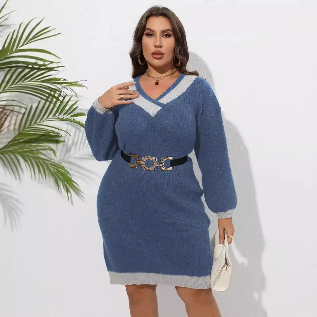 Women's Large Size V-neck Woven Sweater Dress European American Style Contrast Color Stitching Hip Sweater