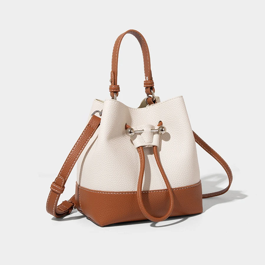2025 New Patchwork Women Bucket Bag Pu Leather Drawstring Shoulder Bag Korean Style Casual Light Youth Crossbody Bag Whole Sale
