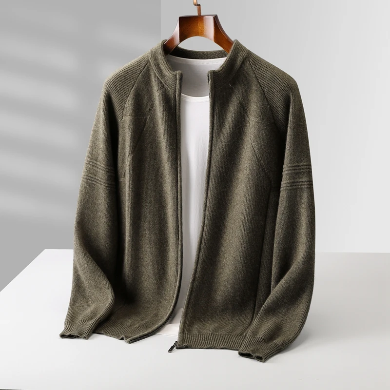 Winter 100% Wool Men's Half-High-Necked Shoulder Cardigan Coat Padded Cashmere Knit Coat