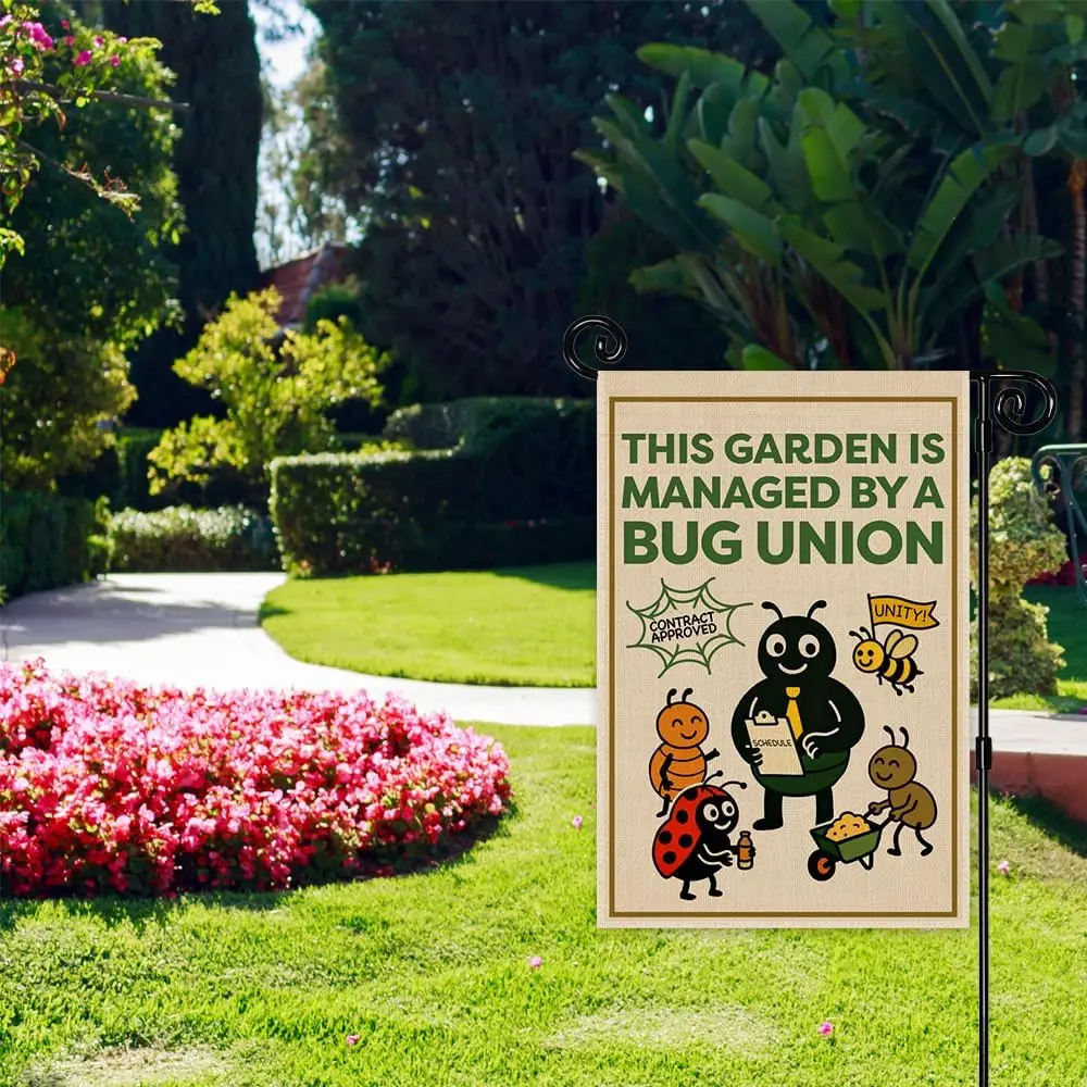 This Garden Is Managed By A Bug Union Garden Flag, Spring Pollinators Yard Flag for Outside, Organic Gardening Banner, Eco-F AAS