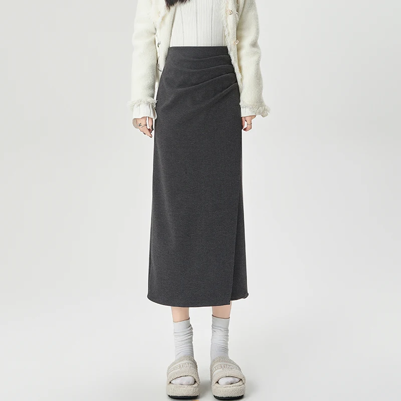 Schicke Falten-Wollröcke für Damen, vielseitig, Büro, lässig, schlankmachende Passform, hohe Taille, mittellanger gerader Rock für Damen