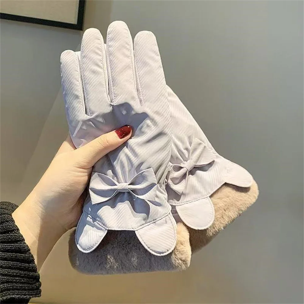 1pair Winter Warm Women'S Cycling Velvet Thickened Gloves Bear Ears Bow Outdoor Water-Repellent Ski Gloves image 6