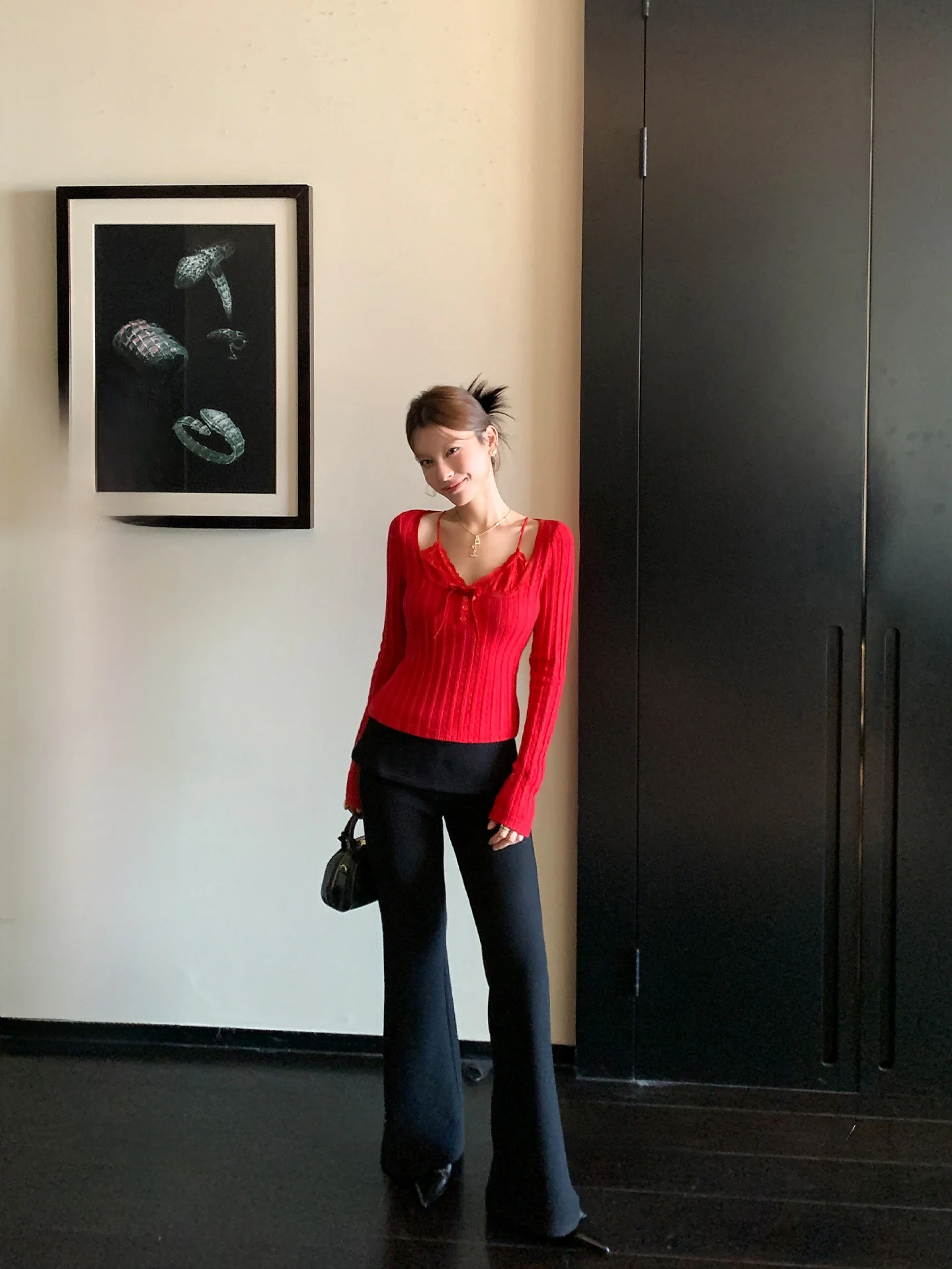 

LIONE nt Lazy Person Super Versatile Slim Fit Fake Two-Piece Pleated Fleece Lined Thiened Brued Bell Bot