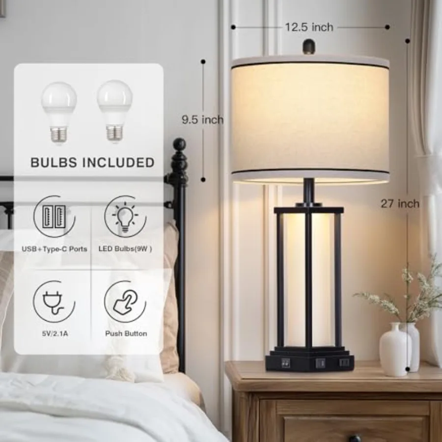 27in Tall Farmhouse Table Lamp with USB C+A and Outlet Industrial End Table Lamp for Living Room Vintage Rustic Bedside Lamp wi