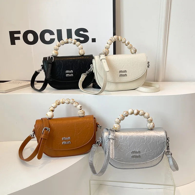 

1pc 2026 Trendy Women's Saddle Bag - Multi-Color, Beaded Handle, Textured Leather, Versatile Crossbody/Handheld Carry