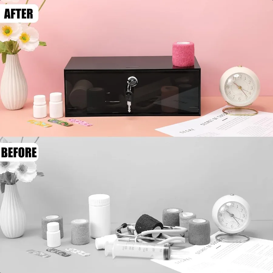 Refrigerator Medicine Lock Box with Keys and Mounting Hardware 12 x 6 x 4.5 Inch Wall Mount Locking Medicine Box Black Acrylic