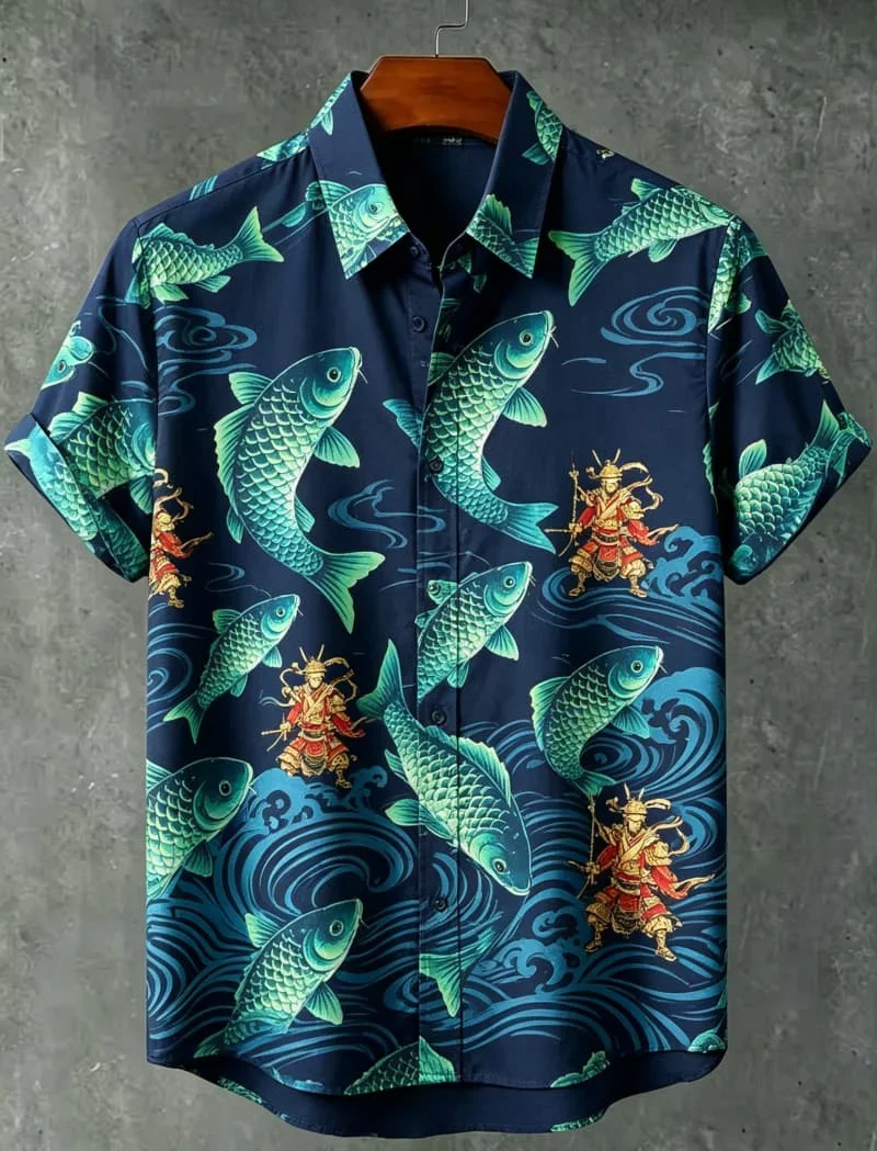 Men's Oriental Mythology Ukiyo-print Casual shirt, Suitable For Summer holidays, Beach outings, And Daily Street Wear