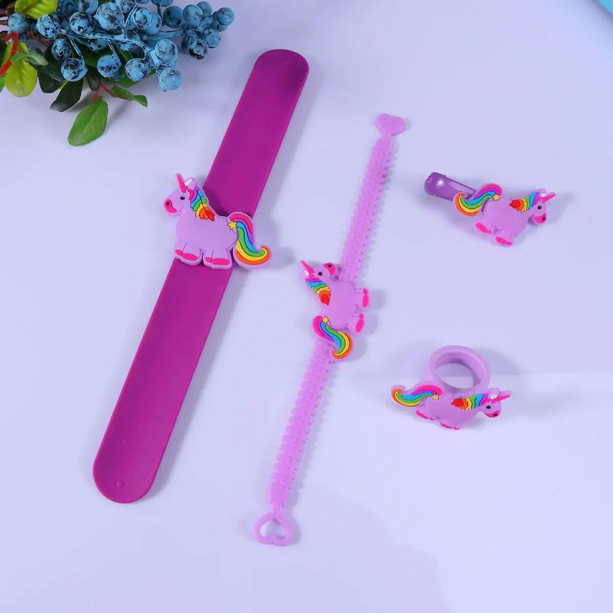 4개 유니콘 스냅 링 머리핀 만화 손목 밴드 보라색 어린이 Cilp 어린이