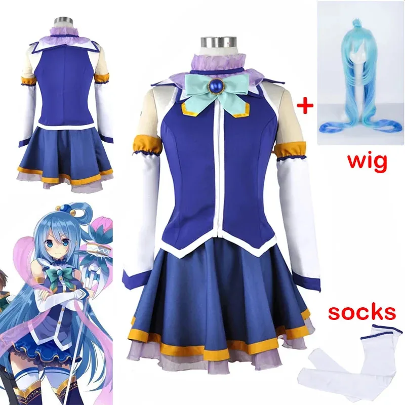KonoSuba La Benedizione di Dio su Questo Meraviglioso Mondo Aqua Top Abito Uniforme Vestito Anime Personalizza Costumi Cosplay Parrucca mj: 3
