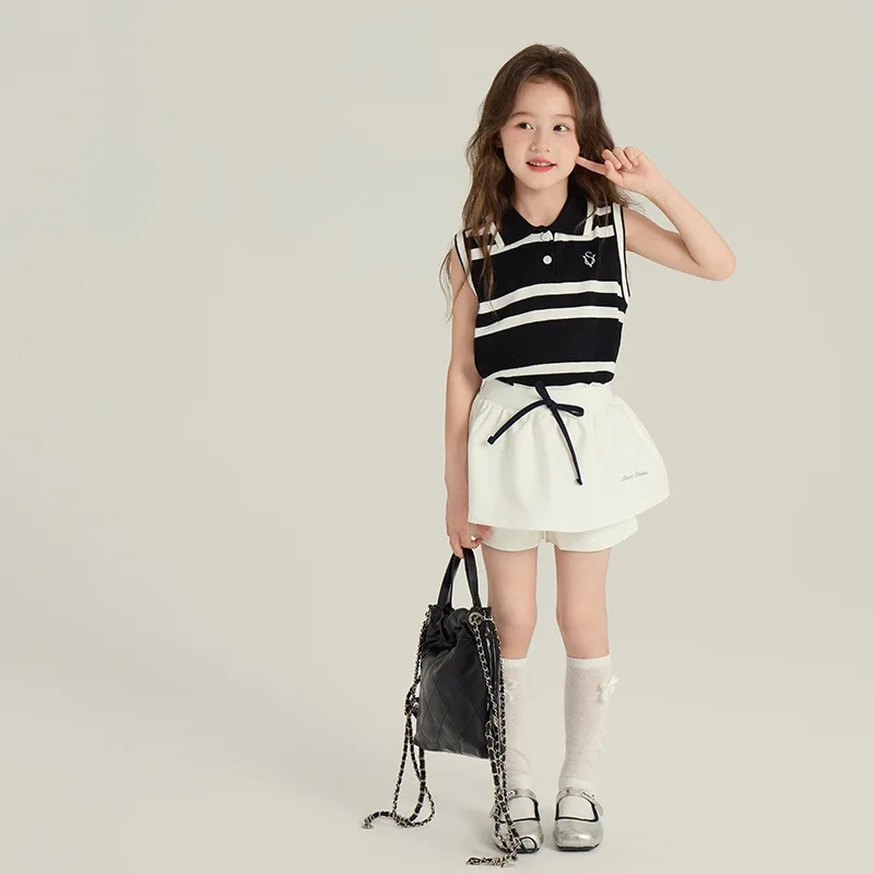 

Summer Girls' Embroidered Stripe Vest T-Shirt Children Polo Collar Sleeveless Knitted Top