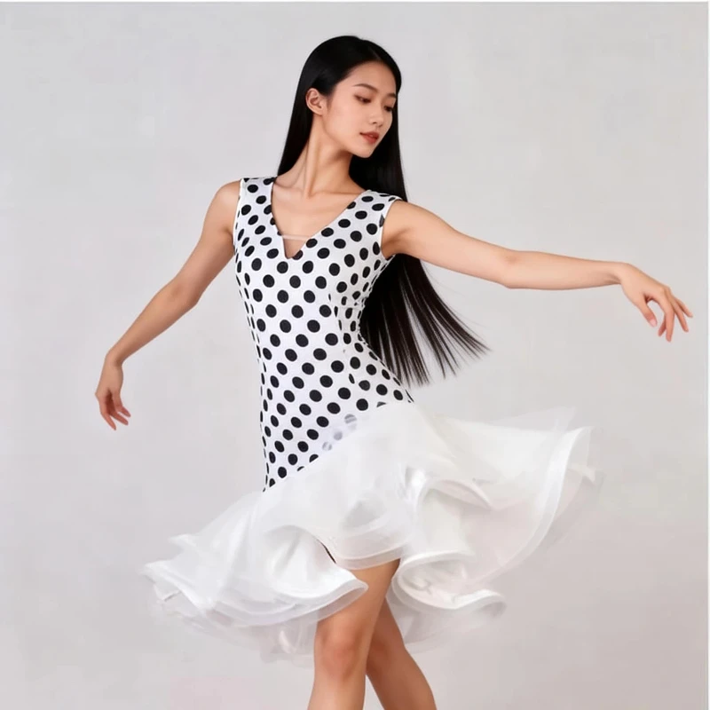 

Платье для латиноамериканских танцев с V-образным вырезом и волнистой юбкой, профессиональное, на заказ, для женщин и детей, элегантная одежда для выступлений, соревнований