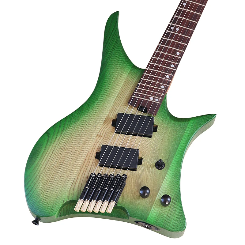 Fanned Frets 6 String Headless Electric Guitar 30 Inch Solid Ashwood Body Mini Guitars Matte Finish Green & Black Color