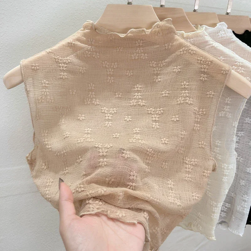المرأة الكورية نصف الياقة المدورة الزهور الدانتيل سترة الصيف بلا أكمام الدانتيل جوفاء تانك الأعلى