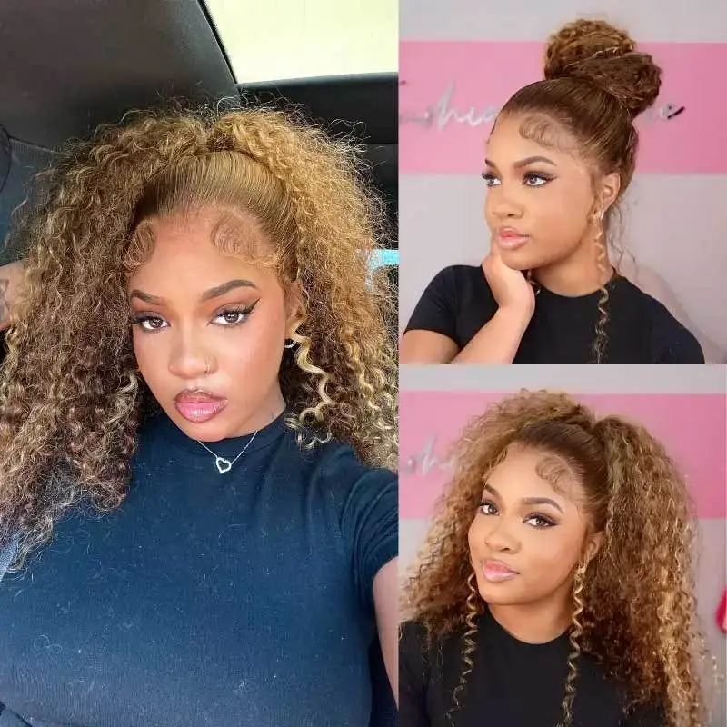 Full Lace Curly Human Hair Wig 360 Invisi Strap Highlight Wig 13x6 Deep Water Wave Frontal Wig for Women 220 Density image 4