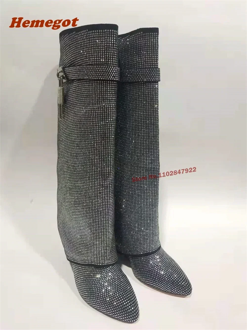 Bling Padlock Wedges Boots Round Toe Knee High Slip On Shark Boots for Women Winter Luxury Runway Shoes Rhinestones Long Boots