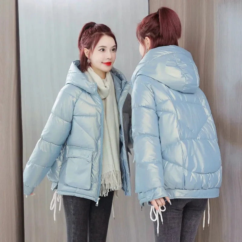 

2023 New Winter Jacket Women Parkas Korean Glossy Hooded Down Cotton Jacket Parkas Female Casual Loose Waterproof Outerwear