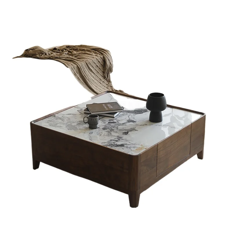 

Italian light luxury North American black walnut rock slab coffee table living room square tea table