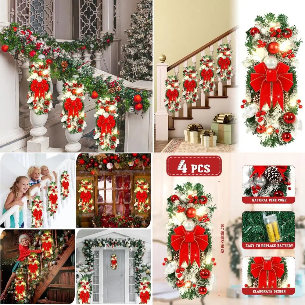 

19.7 LED-lit Teardrop Swags, 4-Piece Christmas Stair Garland, Artificial Pine with Pine Cones for Indoor/Outdoor Decor